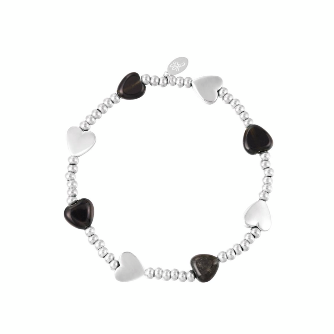 Armband met kralen en hartjes | Zilverkleurig | Zwart