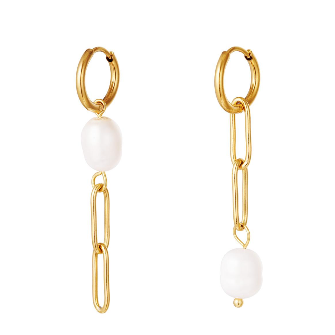 Oorbellen met schakels en parels | Goudkleurig