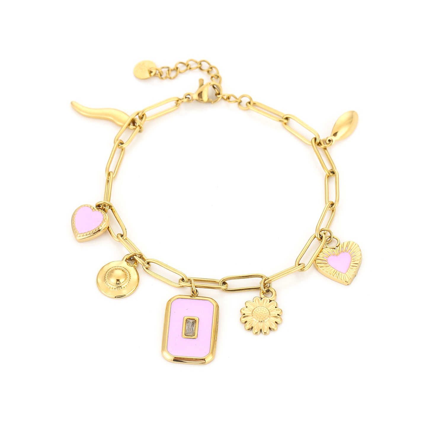 Bedelarmband met lila bedels | Goudkleurig
