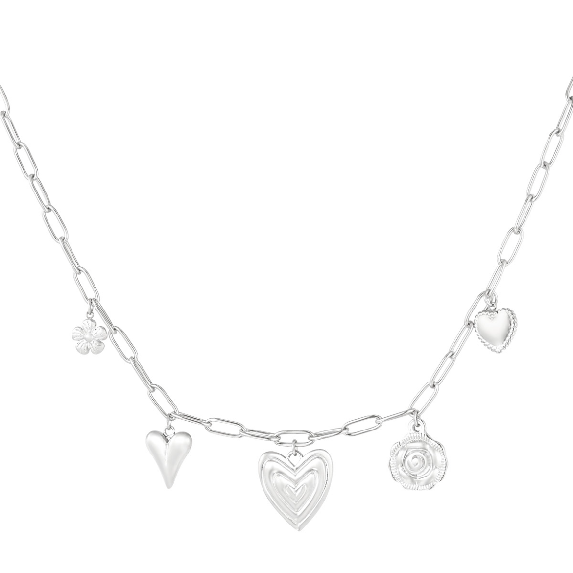 Bedelketting met hartjes en roosje | Zilverkleurig