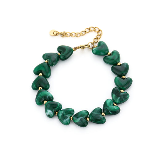 Kralen armband met hartjes | Goud & Donkergroen