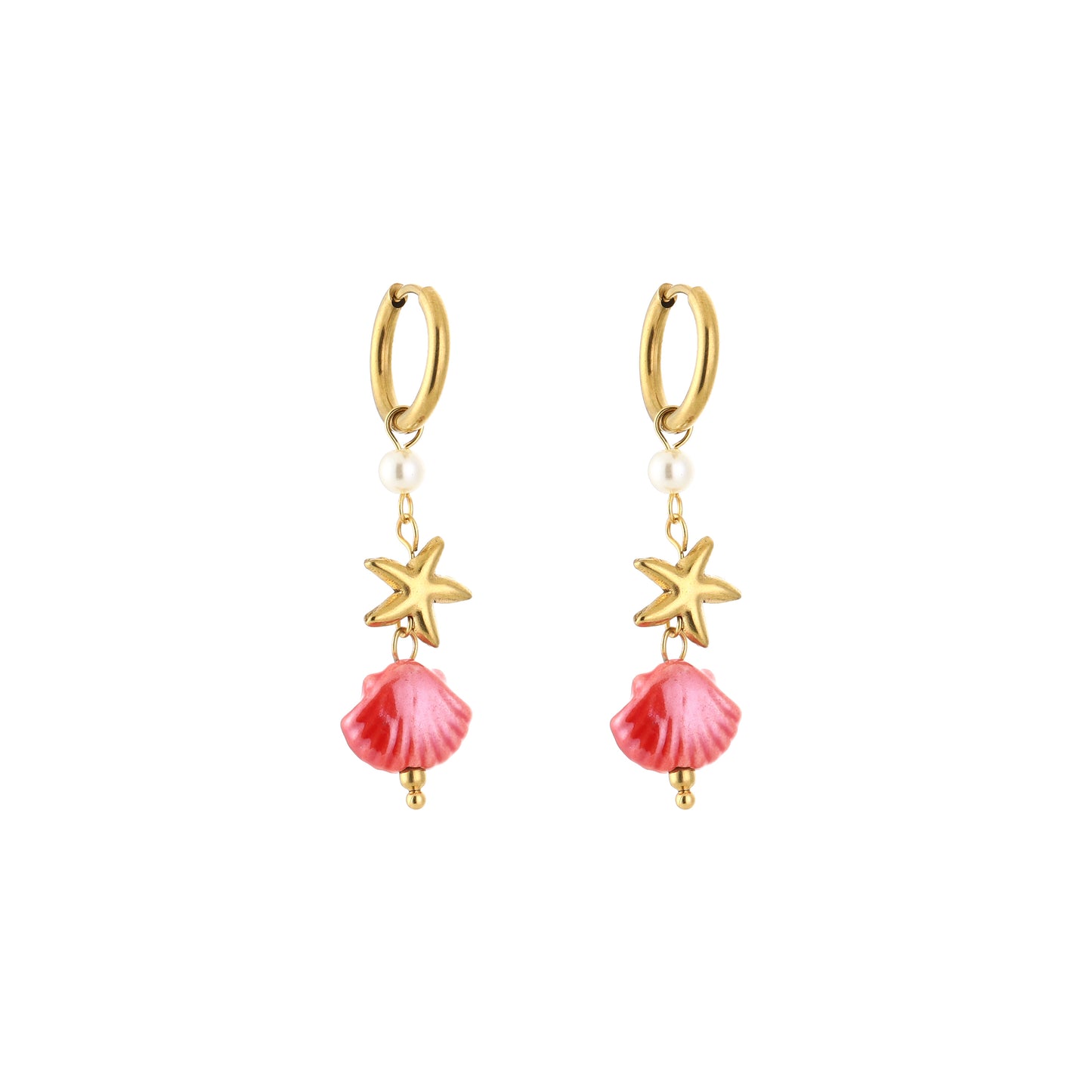 Oorbellen met zeester, rood schelpje en pareltje | Goudkleurig