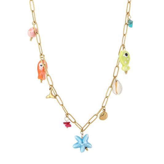 Bedelketting met gekleurde visjes en zee bedels | Goudkleurig