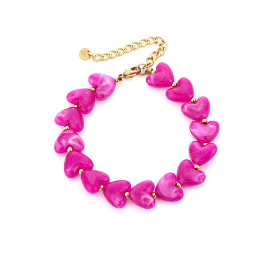 Kralen armband met hartjes | Goud & Fuchsia