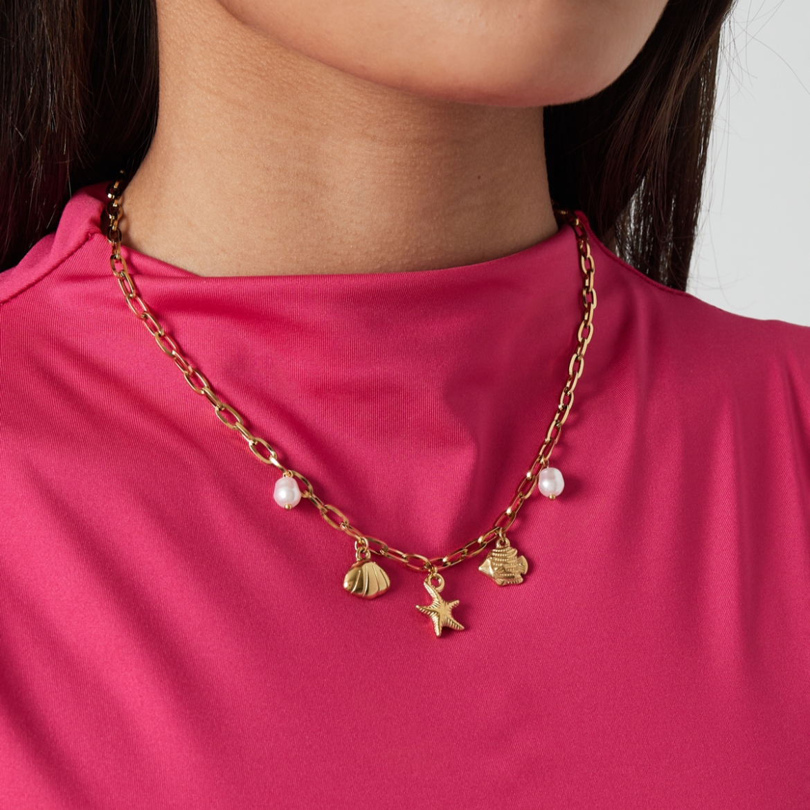 Bedelketting met schelpjes, parels en zeester | Zilverkleurig