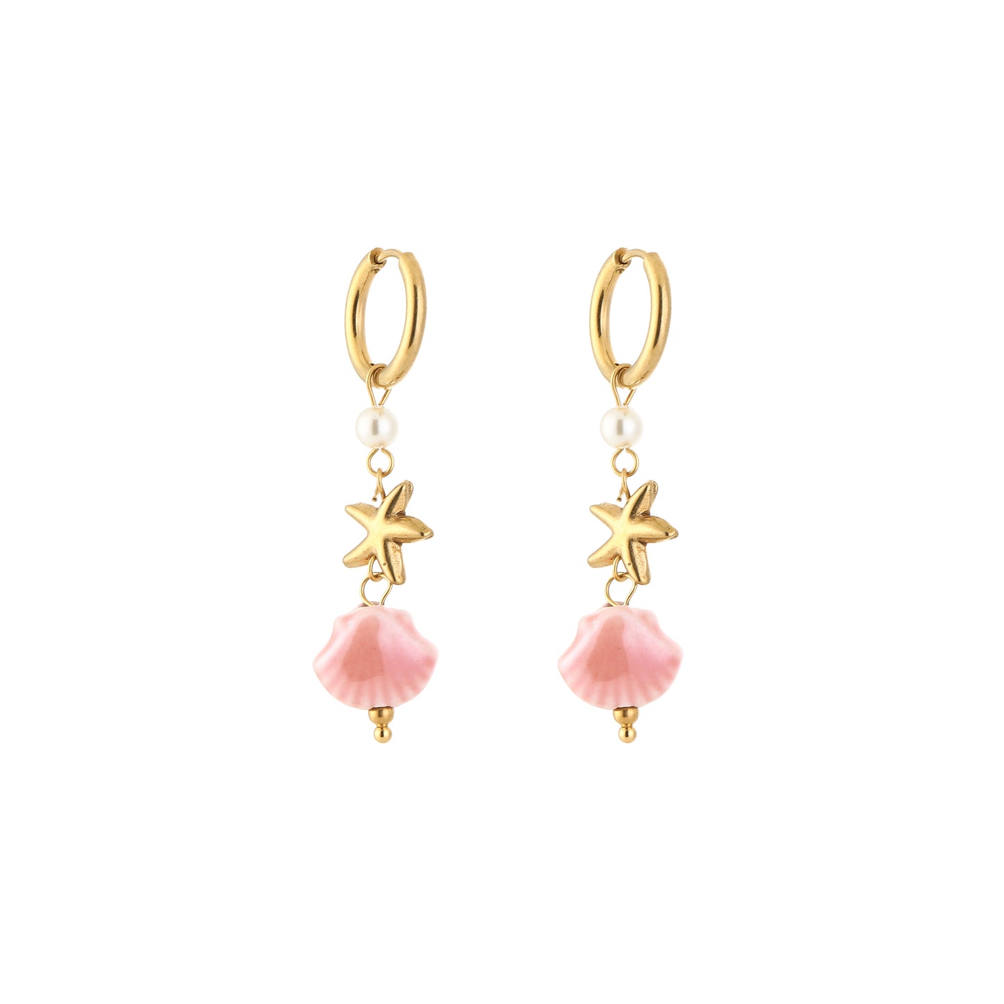 Oorbellen met zeester, roze schelpje en pareltje | Goudkleurig