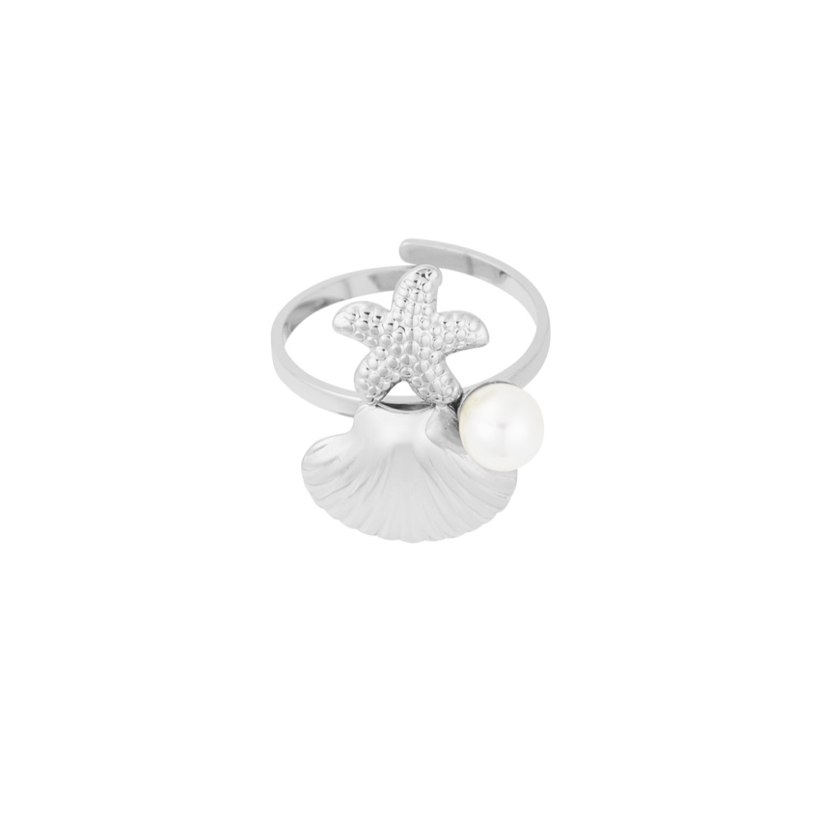 Ring met schelpje, zeester en parel | Zilverkleurig