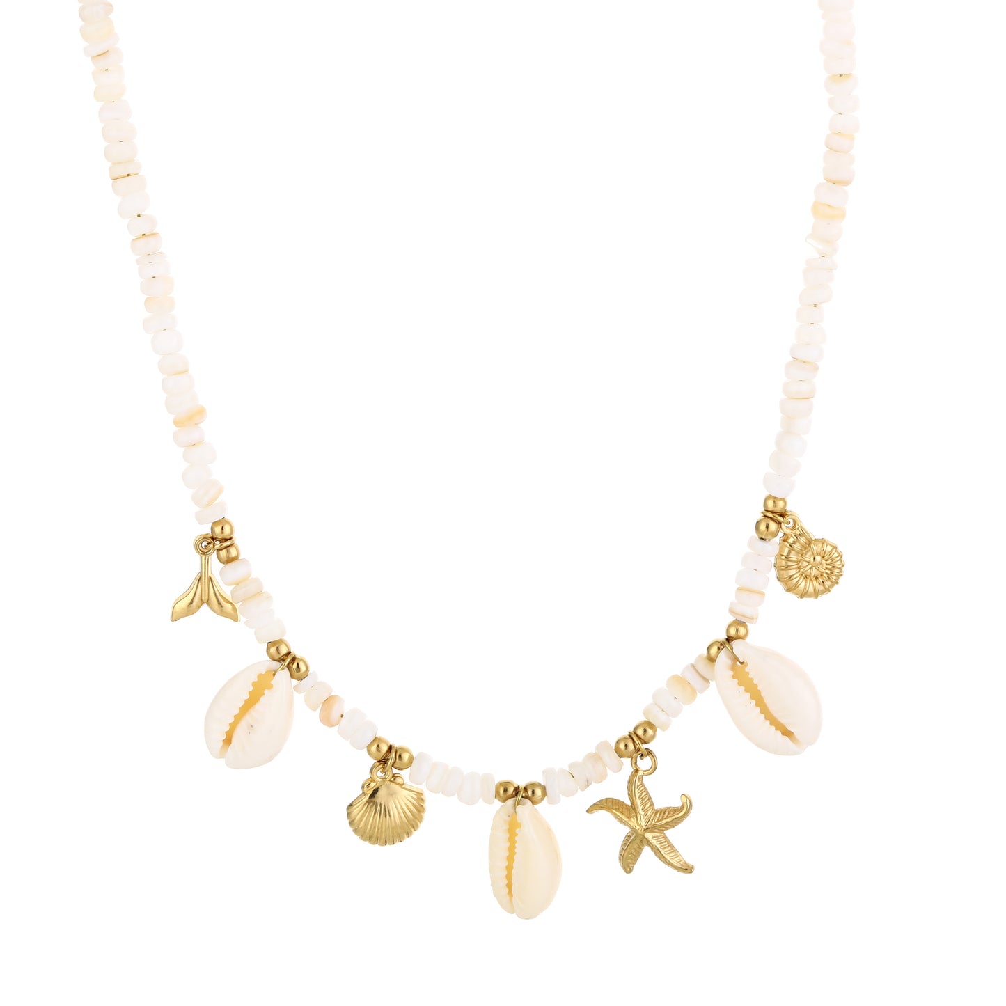 kralenketting met schelpjes en zeebedels | Goudkleurig