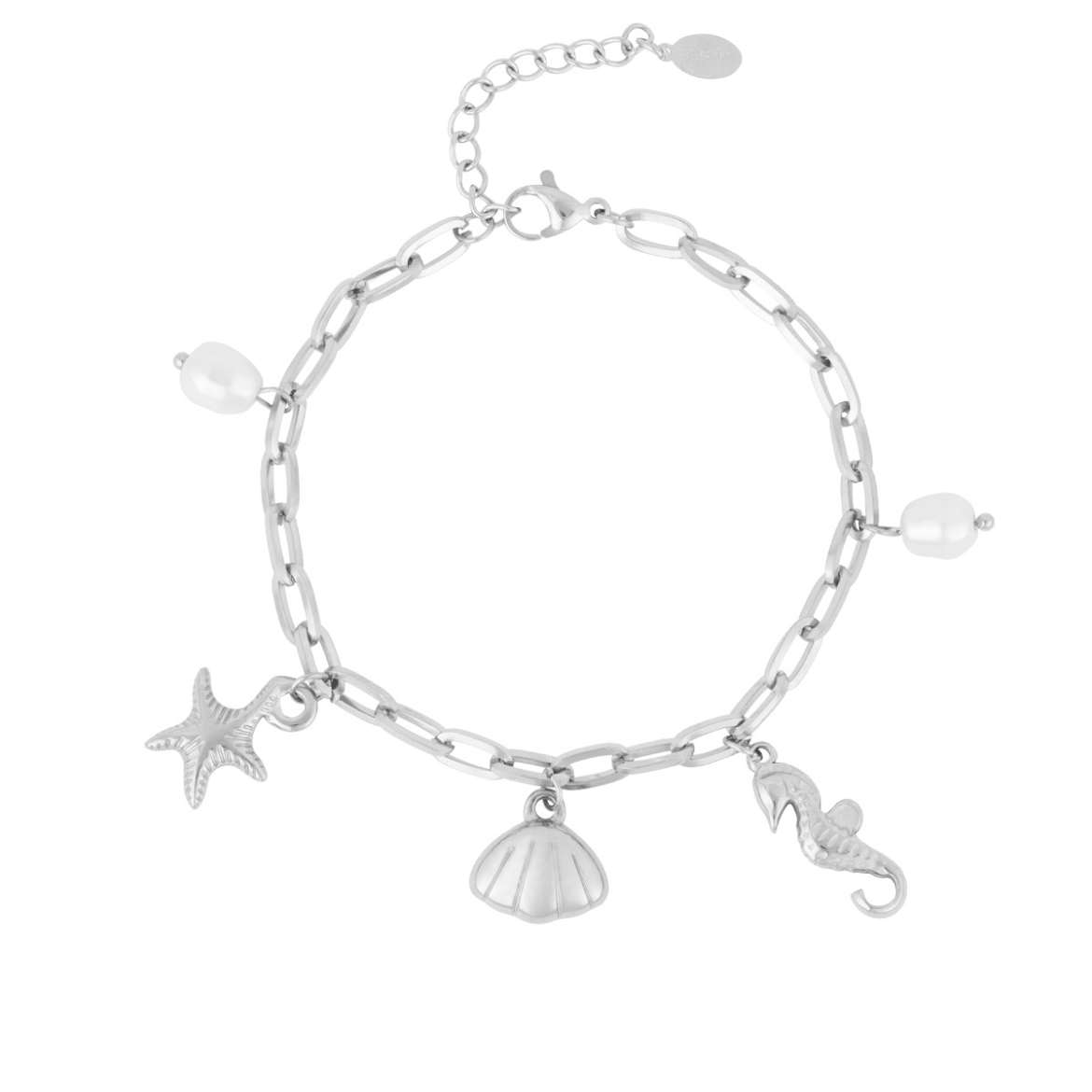 Armband met zeepaardje, schelpjes en parels | Zilverkleurig