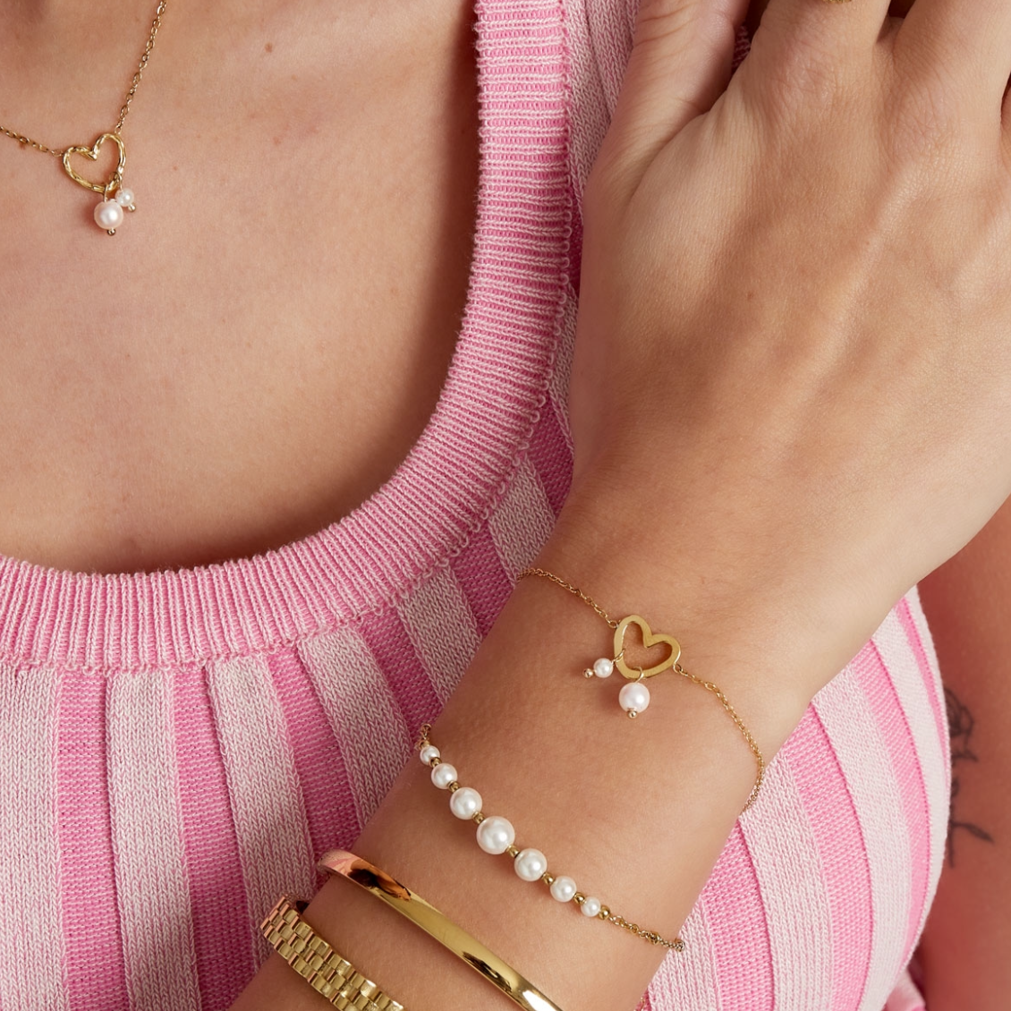 Armbandje met hartje en parels | Goudkleurig