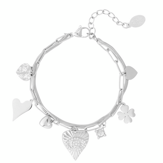 Statement bedelarmband met hartjes en klavertje | Zilverkleurig