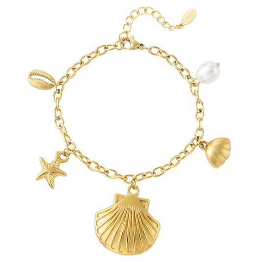 Bedelarmband met schelpjes en zeester | Goudkleurig