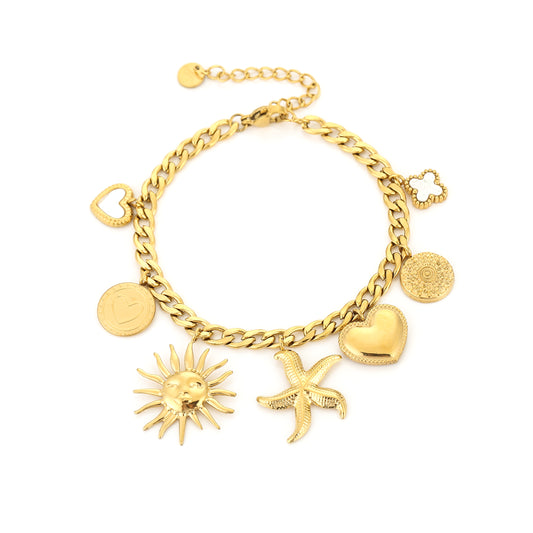 Armband met zeester, zon en andere bedels | Goudkleurig