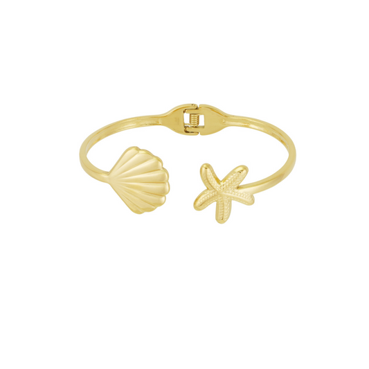 Bangle armband met schelp en zeester | Goudkleurig