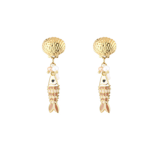 Oorbellen met beige visjes | Goudkleurig