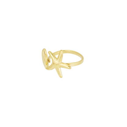 Ring met schelpje en zeester | Goudkleurig