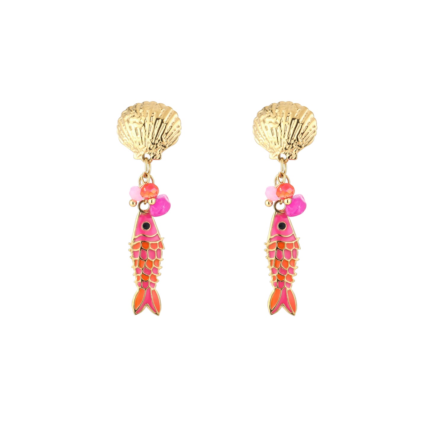 Oorbellen met roze & oranje visje | Goudkleurig