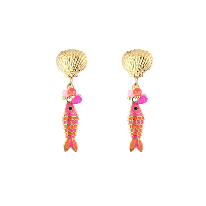Oorbellen met roze & oranje visje | Goudkleurig