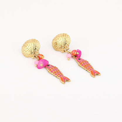 Oorbellen met roze & oranje visje | Goudkleurig