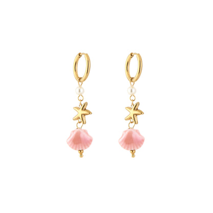 Oorbellen met zeester, roze schelpje en pareltje | Goudkleurig