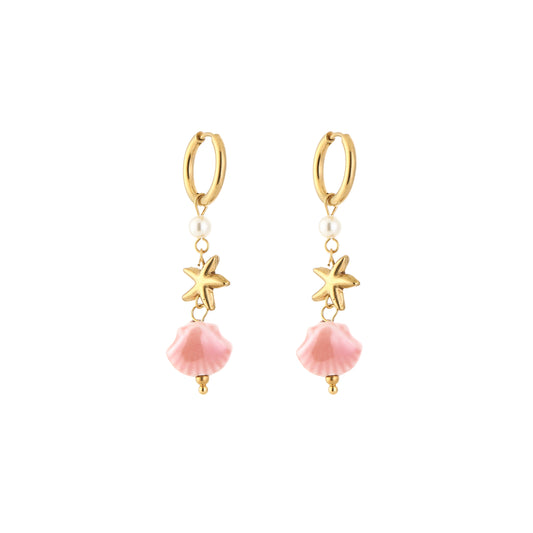 Oorbellen met zeester, roze schelpje en pareltje | Goudkleurig