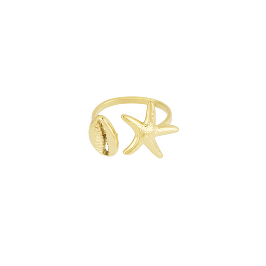 Ring met schelpje en zeester | Goudkleurig