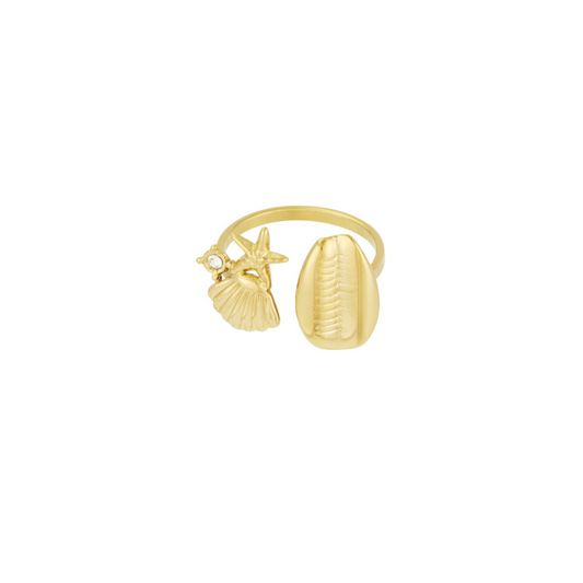 Ring met schelpjes en strass | Goudkleurig