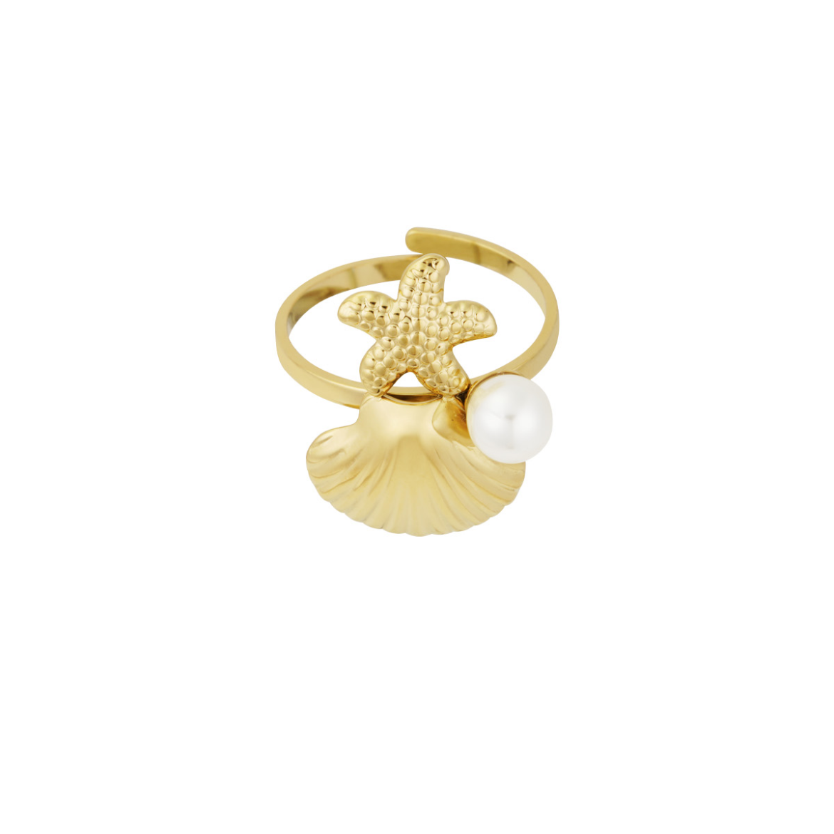 Ring met schelpje, zeester en parel | Goudkleurig