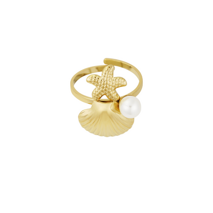 Ring met schelpje, zeester en parel | Goudkleurig