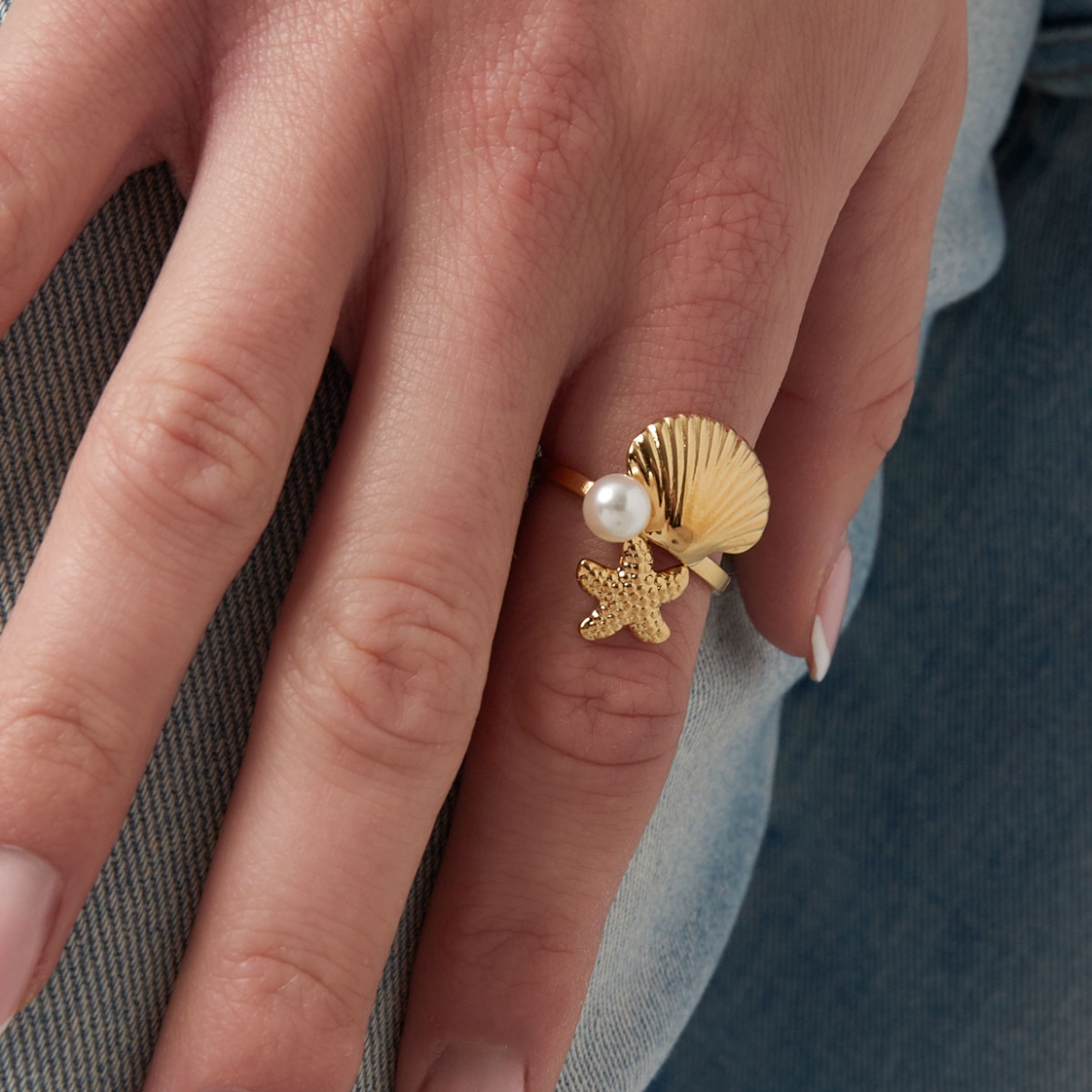 Ring met schelpje, zeester en parel | Goudkleurig