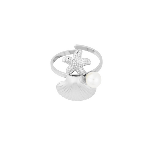 Ring met schelpje, zeester en parel | Zilverkleurig
