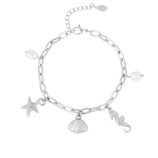 Armband met zeepaardje, schelpjes en parels | Zilverkleurig