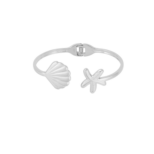 Bangle armband met schelp en zeester | Zilverkleurig