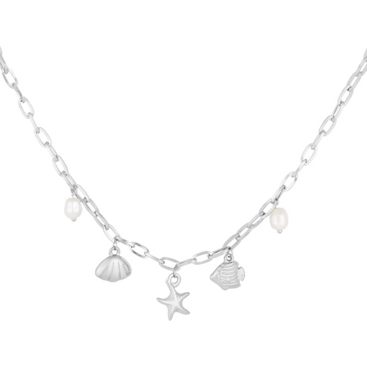 Bedelketting met schelpjes, parels en zeester | Zilverkleurig